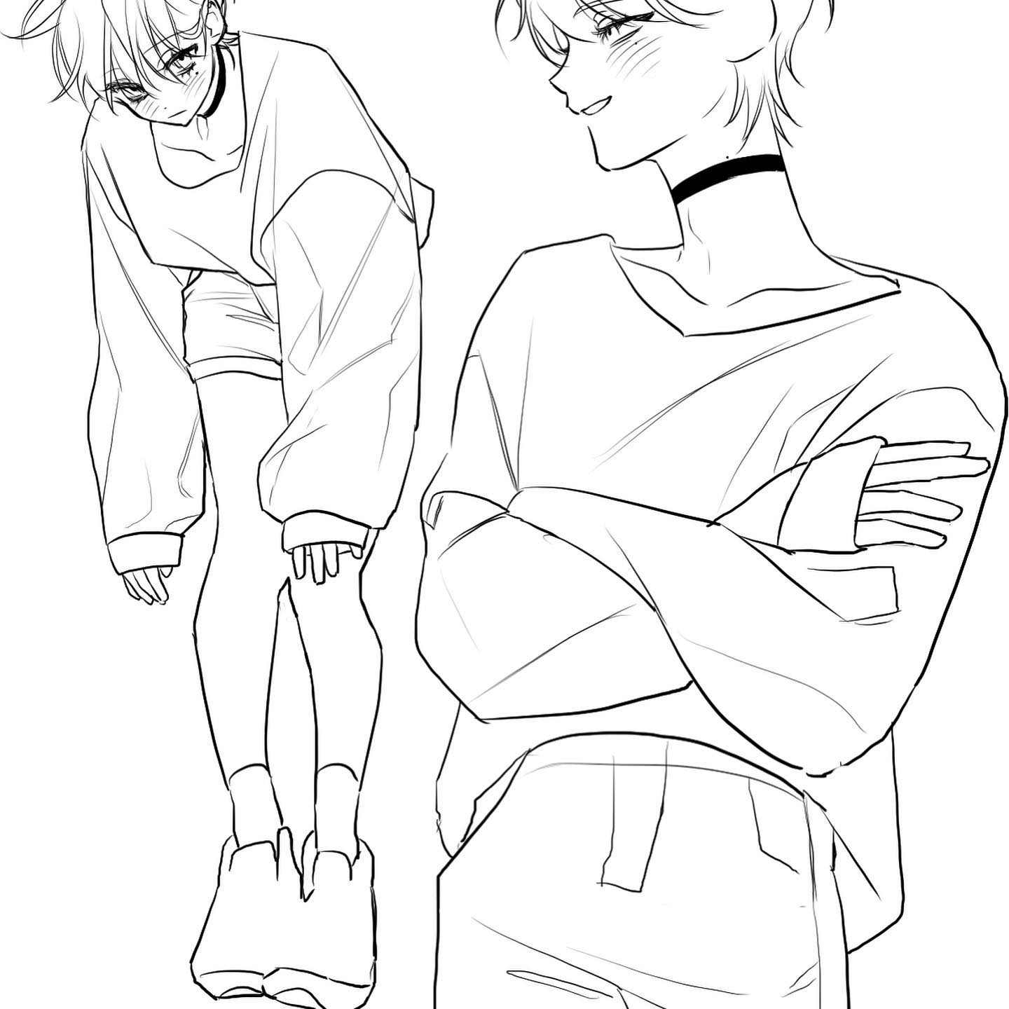 this is a drawing of two anime boys. the boy on the left is wearing a longsleeved shirt and pants and is facing towards the left side. the boy on the right is wearing a longsleeved shirt and pants and is facing the viewer, arms crossed. both boys have short hair and bangs. the drawing is done in black and white and is very detailed. it appears to be a sketch, but with clean lines and a polished style.
