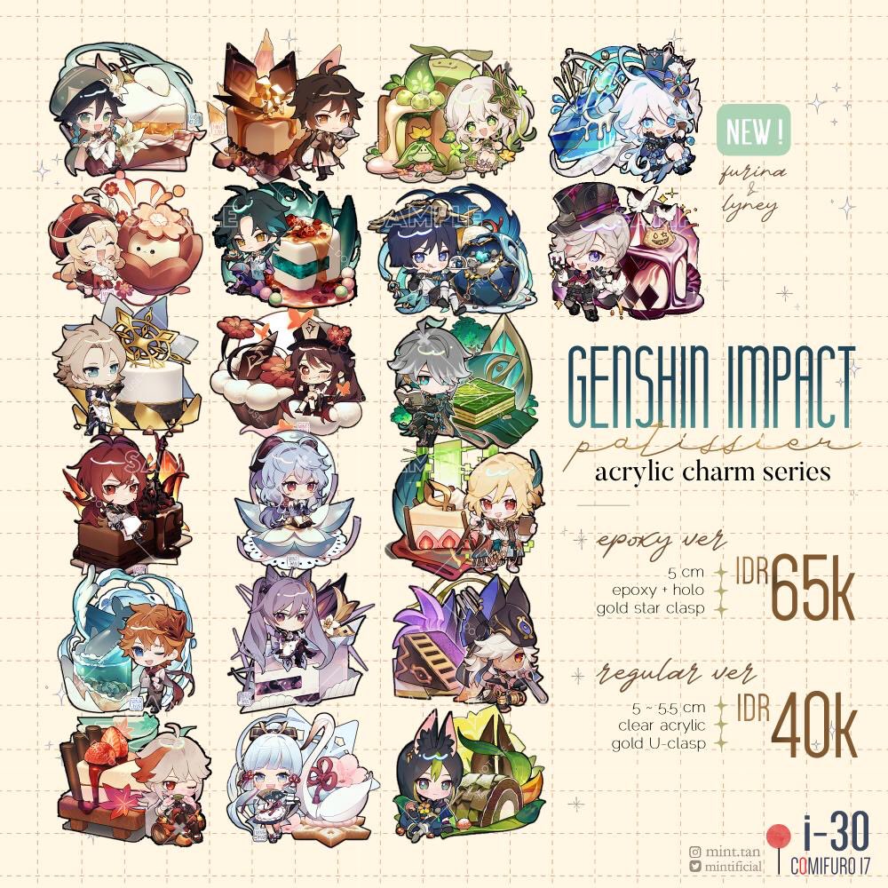 genshin impact acrylic and epoxy charms featuring various characters from the game.  the image shows 16 different charms, with each one featuring a different character.  the charms are arranged in a gridlike pattern, and each charm is labeled with the character's name. the image also includes information about the different types of charms available. the image is designed to be eyecatching and appealing to fans of genshin impact.