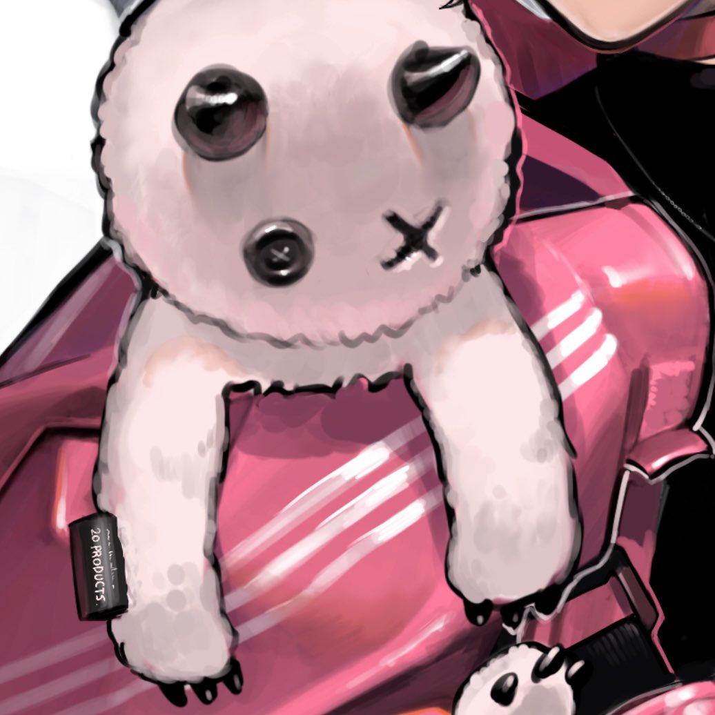 the image is a closeup digital illustration in an anime style.  it features a pink, almost roboticlooking backpack or shoulder bag with three white stripes.  strapped across the bag is a light pink plush toy resembling a bunny or rabbit. the plush toy has dark, buttonlike eyes, a black button on its chest, and a stitched "x" marking on its face, suggesting it's slightly damaged or worn.  a small, similar plush is visible at the lower right corner.  a small black "20 products" label is attached to the bag. the background suggests the backpack belongs to a character (partially visible) whose clothing shares a similar color scheme and style. the overall style is a blend of cute (kawaii) elements with a slightly darker, more mechanical aesthetic.