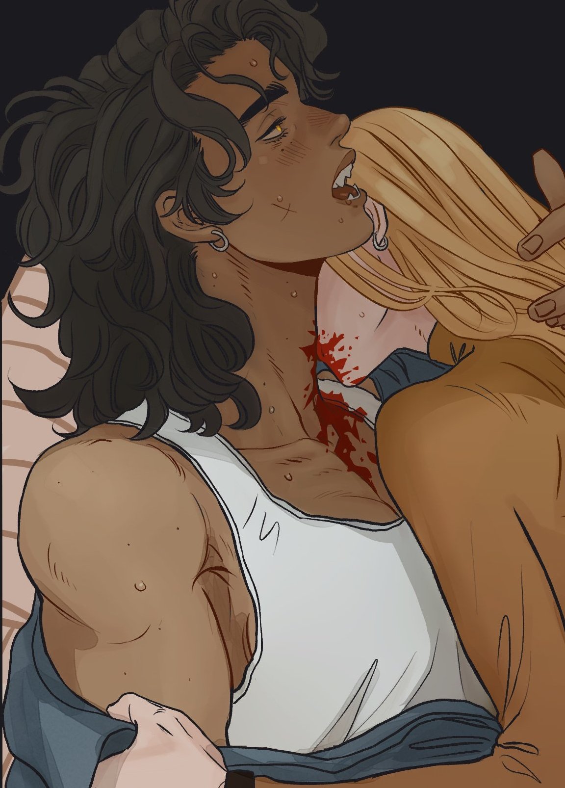 a digital illustration of a vampire couple in a dark room or area. the couple is in a close embrace, with the blonde female vampire biting the darkhaired male vampire in the neck. blood is visible on the male vampire's neck. the male vampire is wearing a white tank top and has dark hair, while the female vampire has blonde hair. both vampires have piercings.