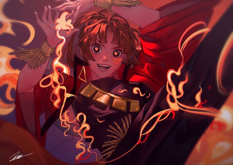 the image is a vibrant digital painting or illustration of a stylized animestyle female character. she possesses reddishbrown hair, pulled back, and is wearing a striking outfit combining red and black fabrics with gold jewelry. her expression is a confident, almost mischievous smile.  she is dynamically posed, seemingly manipulating or interacting with swirling, orangeyellow flames that emanate from her hands and around her body, adding a mystical or magical element to the scene. the art style is expressive and uses strong colors and dynamic lines to create a sense of movement and energy. the overall mood is one of power and excitement.