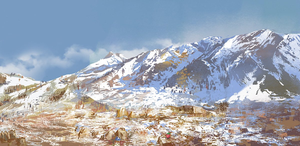it is a painting of snow mountains with tents and people in the foreground. the snow on the mountain is melting, and there are some clouds in the sky.