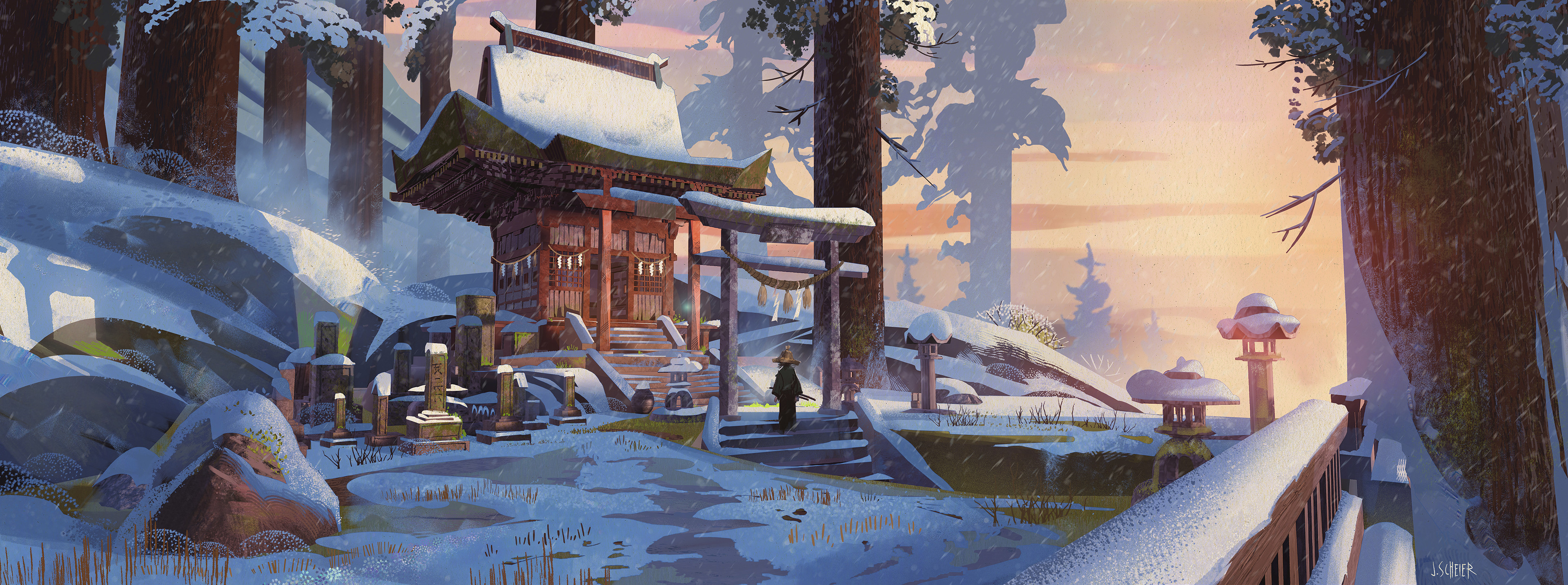 the digital painting depicts a serene winter scene in a japanese forest.  a snowcovered shinto shrine, complete with a torii gate, stands prominently in the center, partially obscured by falling snow.  a lone figure, possibly a samurai or monk, stands before the shrine. the surrounding landscape is covered in a thick blanket of snow, with tall, snowladen trees forming a backdrop.  tombstones are visible near the shrine, adding a touch of quiet contemplation.  the warm hues of a setting sun peek through the snowy sky, creating a striking contrast with the cold winter scene. the overall mood is one of peace and solitude. the style is reminiscent of japanese art, with meticulous detail in the architecture and a painterly approach to the landscape.