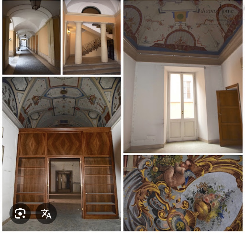 the image showcases various interior elements of what appears to be a historic building. it includes a long hallway with arched ceilings supported by columns, a staircase with columns, a room with an ornately painted ceiling featuring cherubic figures and floral designs, a room with a builtin wooden bookcase, and a view of another room through the bookcase's opening. the overall impression is one of grand, classical architecture with decorative features.