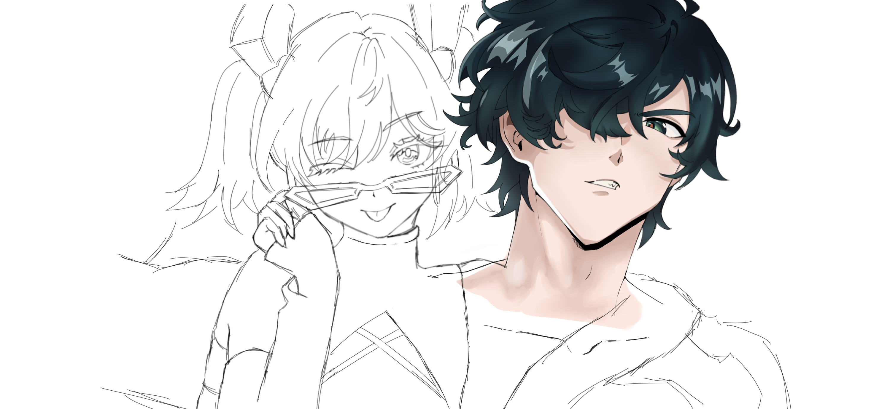 he image shows a digital drawing of an animestyle boy and girl. the boy is in the foreground, his features fully rendered in color. he has teal hair and is looking to the side with a slightly smug expression. the girl is in the background and is only sketched in grayscale; she has pigtails and is wearing glasses. the overall style is reminiscent of manga and anime art.