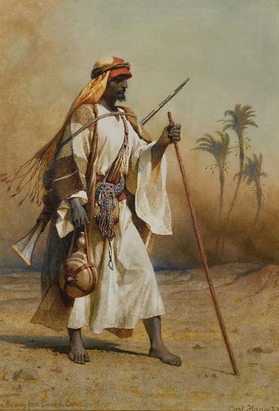a painting by carl haag from the 19th century depicts an arab man walking barefoot through a desert landscape. he is dressed in traditional clothing, including a turban and a long white robe. he carries a staff in one hand and a water skin on his shoulder. a horn and a rifle are slung over his back. palm trees can be seen in the background. the painting is titled "on the way from sinai to cairo."