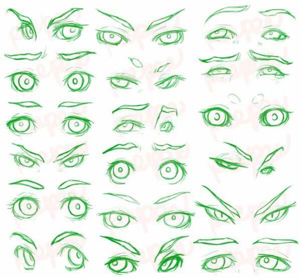 he image contains a collection of various anime/manga style eye drawings showcasing different shapes, expressions, and eyebrow styles.  each set demonstrates variations in the eyes' slant, size, and the overall emotion conveyed. the style is simple line art, drawn in green. the drawings are arranged in a gridlike pattern, making it ideal for reference or practice.