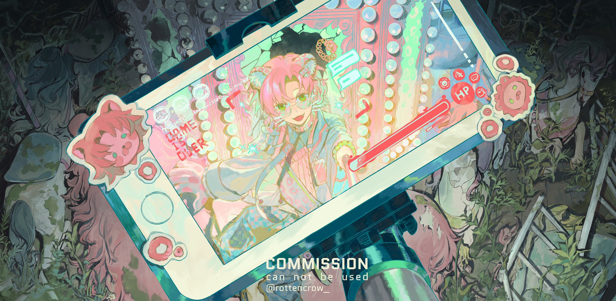 a colorful illustration of an anime girl with pink hair and green eyes wearing glasses. she is playing a video game on her phone, which is depicted as a large screen in the foreground. the game is full of colorful graphics and a vibrant pink and green color scheme. the girl is surrounded by a fantasythemed backdrop with a mixture of digital and realworld elements. the overall style is cute and kawaii, with a playful and energetic vibe.