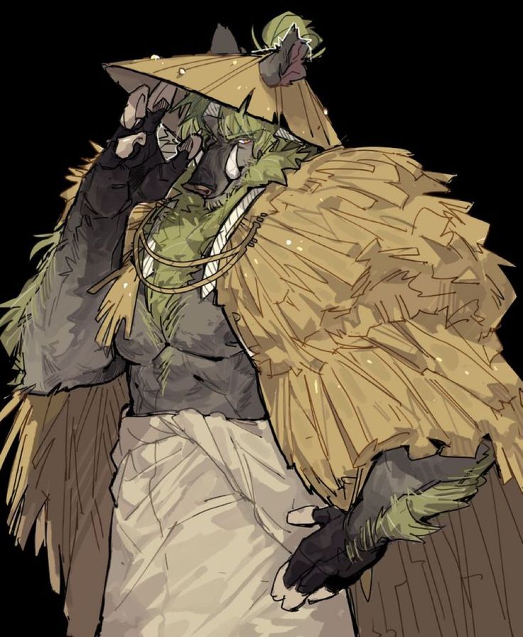 the image is a digital painting of an anthropomorphic rhino or boarlike creature.  it's a masculine figure, muscular and rugged in appearance, with green skin and dark grey fur. the creature wears a large, tattered straw cloak and a conical straw hat, suggesting a rural or possibly mythical japanese setting. its attire is simple, but it has dark gloves or gauntlets.  the creature has a serious expression and is gesturing with one hand near its face. the style is evocative of fantasy art with influences from japanese folklore and mythology, potentially resembling a yokai or oni character. the overall color palette is muted earth tones, with the straw cloak being the most prominent color. the background is a dark, simple black, focusing the viewer's attention on the creature itself.
