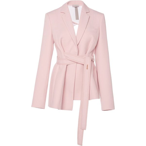 a light pink blazerstyle jacket with a tie belt cinched at the waist, long sleeves, and a lapel collar. the jacket is shown on a plain white background.