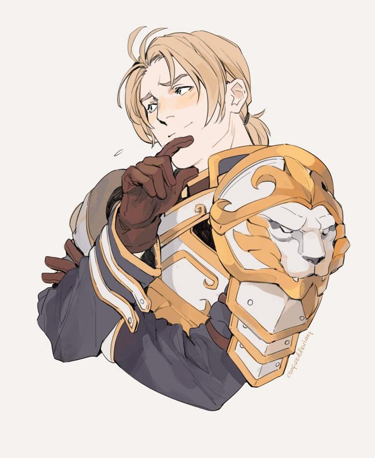 an animestyle illustration of anduin wrynn from world of warcraft. he is depicted as a young man with blonde hair tied back in a ponytail. he is wearing paladin armor, including a distinctive pauldron in the shape of a lion's head. he has a thoughtful expression, with his gloved hand touching his chin as if he is thinking.