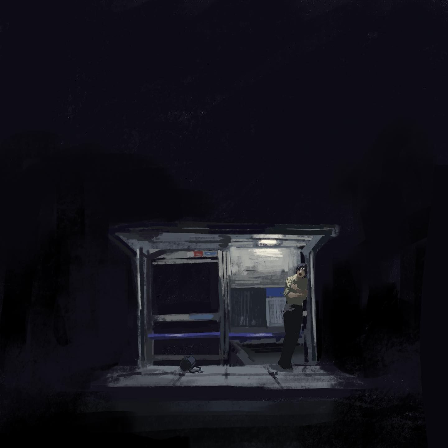 a lone man stands at a nearempty bus stop at night. the scene is dimly lit by the streetlight above, casting long shadows and highlighting the stark contrast between light and dark.  the overall atmosphere is one of quiet solitude and urban loneliness.