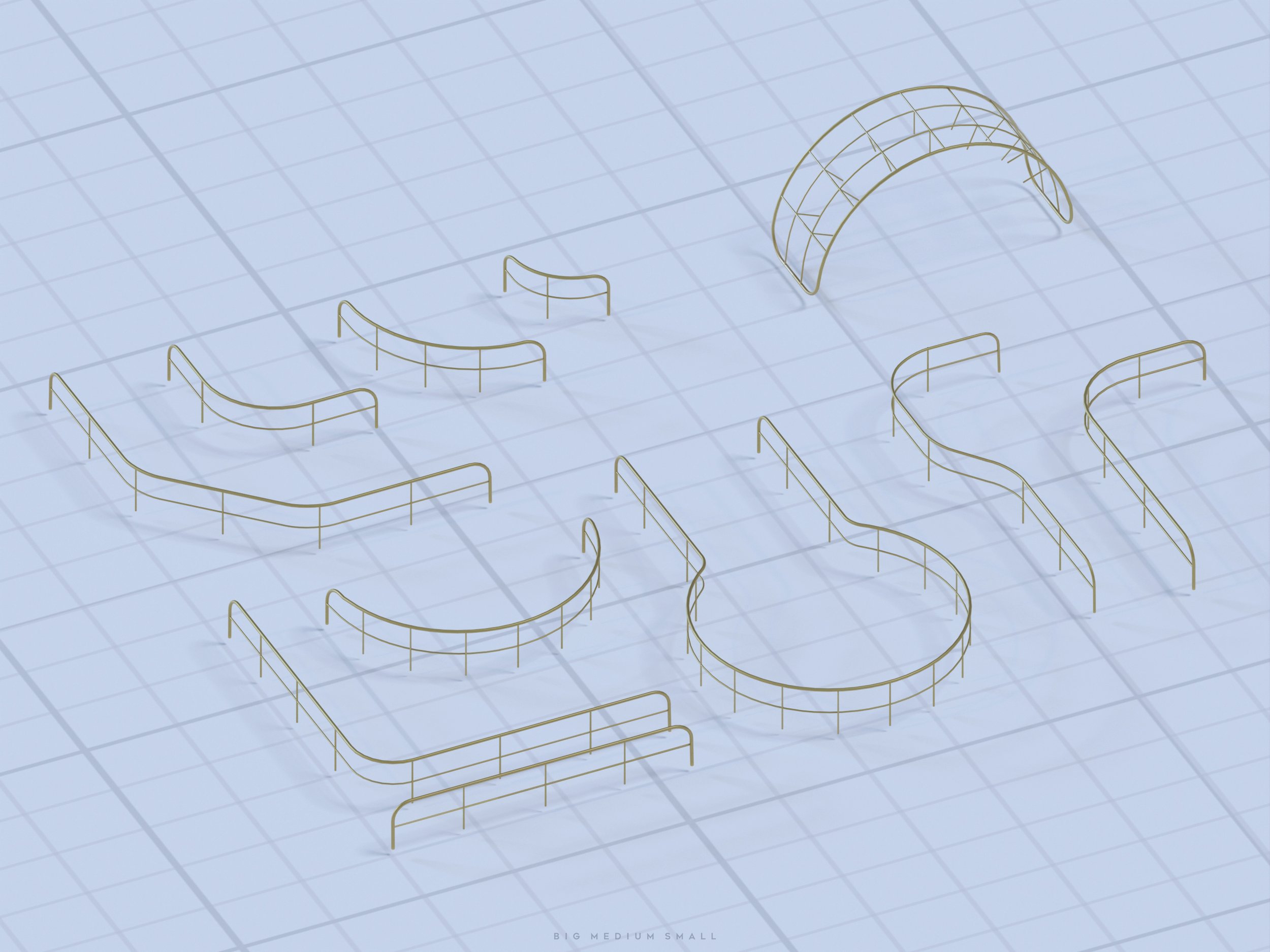 the image is a 3d isometric rendering of various railing designs and sections on a blue grid background.  the railings are a consistent light olivegreen color and are shown in different configurations – straight sections, curves, and a larger arched segment. the sizes appear to range from small to medium, suggesting different applications or sizes of the same railing element. the overall style suggests a cad rendering or a design visualization for architectural or landscape applications.  the grid in the background provides visual context for scale and precision. the caption “big medium small” appears at the bottom, indicating a size variation in the designs.