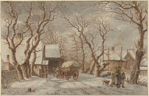 a watercolor painting depicts a winter village scene covered in snow. bare trees line the sides of a road leading through the village. on the left, there's a building with a snowcovered roof and a horsedrawn cart with two people nearby. on the right, there are houses with snow on the roofs, a chimney with smoke rising, and a church steeple in the background. a woman and child walk along the road with a dog. the sky is overcast and grey.