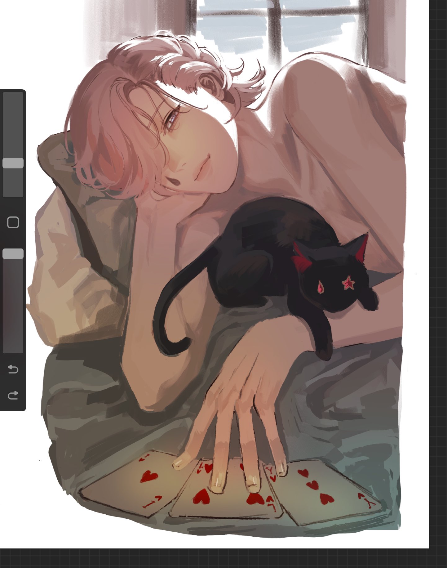 a beautiful, young anime boy with pink hair and blue eyes, is lying on his bed, with his hand resting on a deck of playing cards. he is wearing no shirt. a black cat with red stars for eyes is nestled next to him. the room is dimly lit and the air is full of romance.