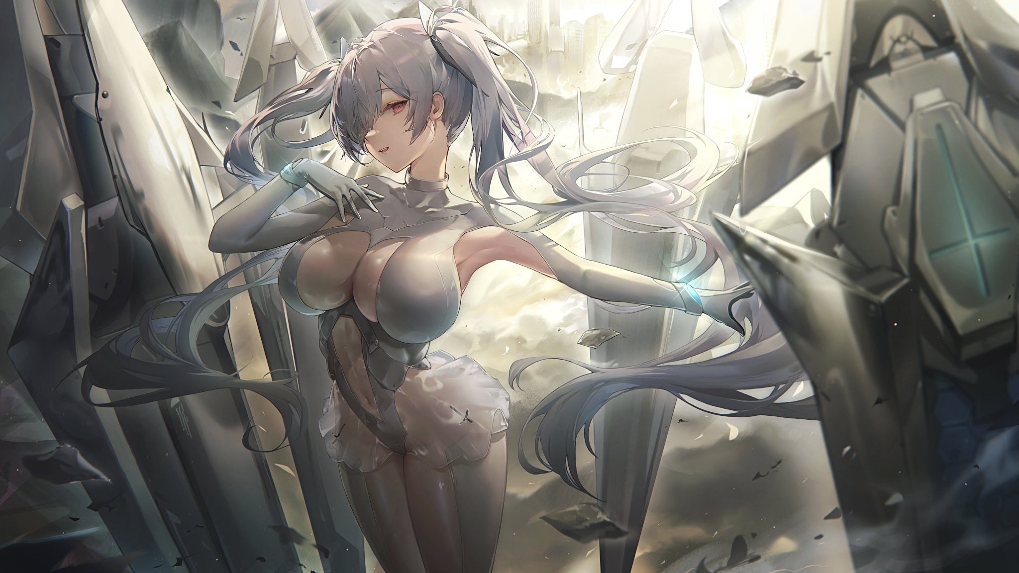 he image is a digital painting of an animestyle woman with long white and purple hair in twintails. she is wearing a formfitting, revealing white bodysuit that resembles futuristic armor. she's standing amidst large, metallic structures that suggest a mechanical or futuristic setting. the background is blurred, with a sense of movement and energy, implying a dynamic scene. her expression is confident and joyful, emphasizing her strength and grace. the artwork is highly detailed and vibrant, utilizing a combination of light and shadow to create depth and contrast. overall, the image blends themes of fantasy, scifi, and action, creating an eyecatching and visually stimulating piece.