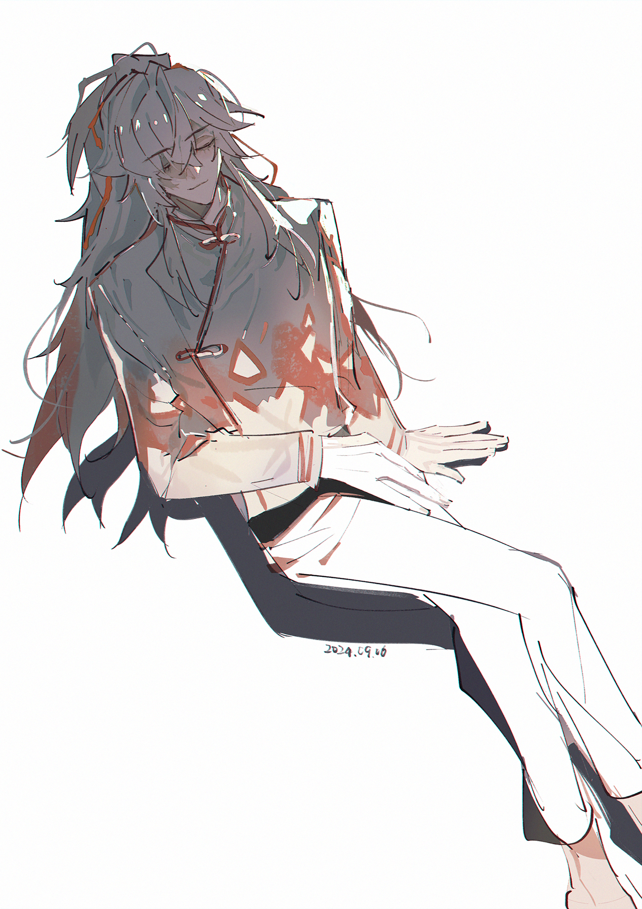 this is a digital art illustration of an anime/manga male character with long white hair, wearing glasses and white clothing with red accents. he is sitting in a relaxed pose, with his legs crossed and his arms resting on his lap. the background is simple, with a white color that emphasizes the character. the style of the illustration is casual and realistic.  the overall tone is calm and peaceful.