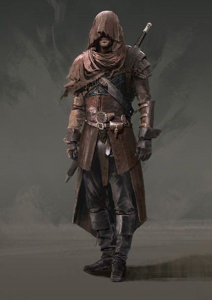 a male warrior stands facing forward, his face hidden by a brown hood. he wears dark leather armor and a long brown cloak, with a sword strapped to his back. the lighting is soft, creating a moody and atmospheric image. the overall color palette is dark and muted, with shades of brown and gray dominating the scene.