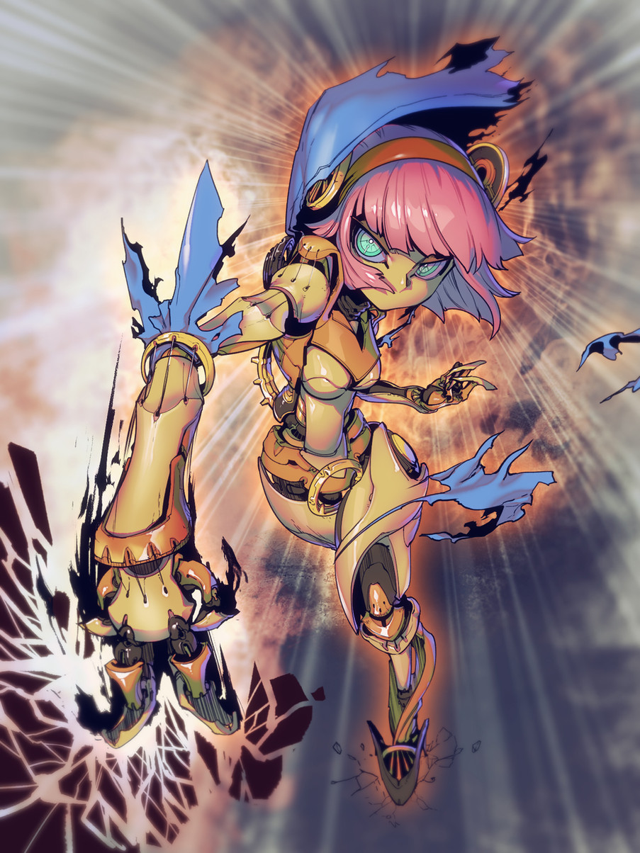 this is a digital illustration of an animestyle cyborg girl in a blue hooded cloak. she has pink hair and large, expressive eyes. her robotic body is sleek and metallic, with gears and claws visible. she is shown in a dynamic pose, her arm extended forward and her claws reaching out towards the viewer. the background is a blur of light and color, suggesting that she is moving quickly and with great power.