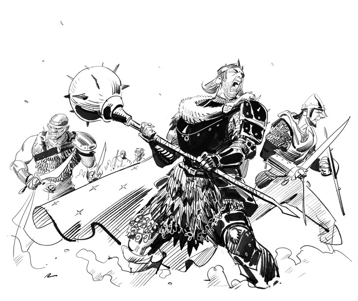 a black and white illustration depicts a group of warriors charging into battle. in the foreground, a heavily armored king, with a crown and a furlined collar, wields a large spiked mace and screams. to his left, a muscular warrior with a sword runs forward, and to his right, a knight in chainmail holds a sword and spear. behind them, additional figures suggest a larger battle scene. the style is reminiscent of a fantasy or medievalthemed comic book.