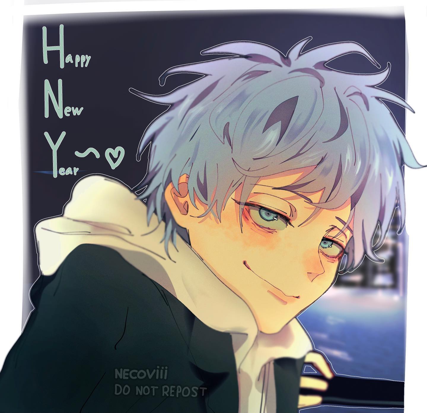 the image is a digital painting or illustration of a young animestyle boy. he has light blue, slightly messy hair, pale skin, and sleepy, somewhat mischievous eyes. he's wearing a dark jacket with a lightcolored hood. the background is blurry, suggesting a nighttime city scene with muted colors.  the art style is soft and slightly dreamy, with a focus on color blending and subtle shading. a "happy new year" message is written in a stylized script in the upper left corner. the artist's signature, "necoviiii," and the watermark "do not repost" are visible in the lower portion of the image. the overall mood is serene yet slightly playful due to the character's expression.