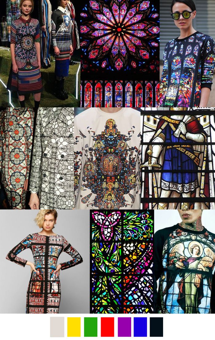 the image showcases a mood board inspired by stained glass windows, featuring various garments designed with stained glass patterns. the mood board is divided into a grid, with each section showcasing a different aspect of the theme.  the top row features a woman in a stained glass print dress, standing amongst others wearing similar designs. the center row showcases various stained glass windows and designs with an intricate, ornate, and detailed style. the bottom row features two individuals wearing contemporary garments with stained glass patterns, incorporating elements of both modern and vintage aesthetics. the image also includes a color palette that represents the colors found in the stained glass designs.