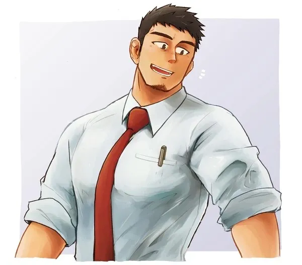 the image is a digital sketch of a smiling man. he is wearing a white, longsleeved buttondown shirt and red tie, and has short brown hair and a goatee. the top button of his shirt is open. he appears to be muscular and is facing slightly to the left of the viewer. the background is a solid offwhite color.