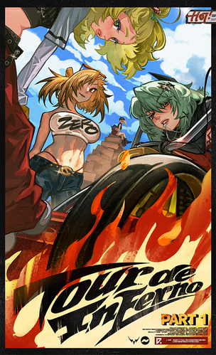 a vibrant and dynamic illustration of three animestyle girls, one with blonde hair, another with orange hair wearing a "zero" crop top and jeans, and a third with green hair, positioned around a flaming motorcycle. the scene is set against a backdrop of a clear blue sky with clouds, suggesting a sense of speed and movement. the girls' expressions and postures convey a feeling of excitement and adventure. the text "tour de inferno part 1" is prominently displayed, along with other design elements that hint at a racing or motorcycling theme. the overall style is reminiscent of anime and manga, with a bold, graphic aesthetic. the image seems like a promotional poster for some kind of anime, game, or event.