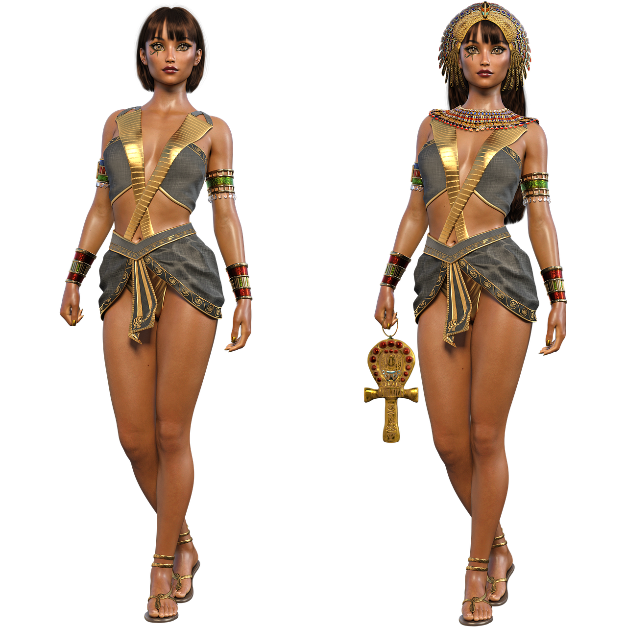the image shows two versions of a 3drendered woman dressed in egyptianinspired attire against a black background. on the left, she has short brown hair and no headdress. the outfit consists of a gray and gold top with a plunging neckline, a matching skirt with gold detailing, and gold sandals. she also wears bracelets on her wrists. on the right, the woman has a gold headdress, a necklace, and is holding a golden ankh. the rest of her outfit is similar to the one on the left.