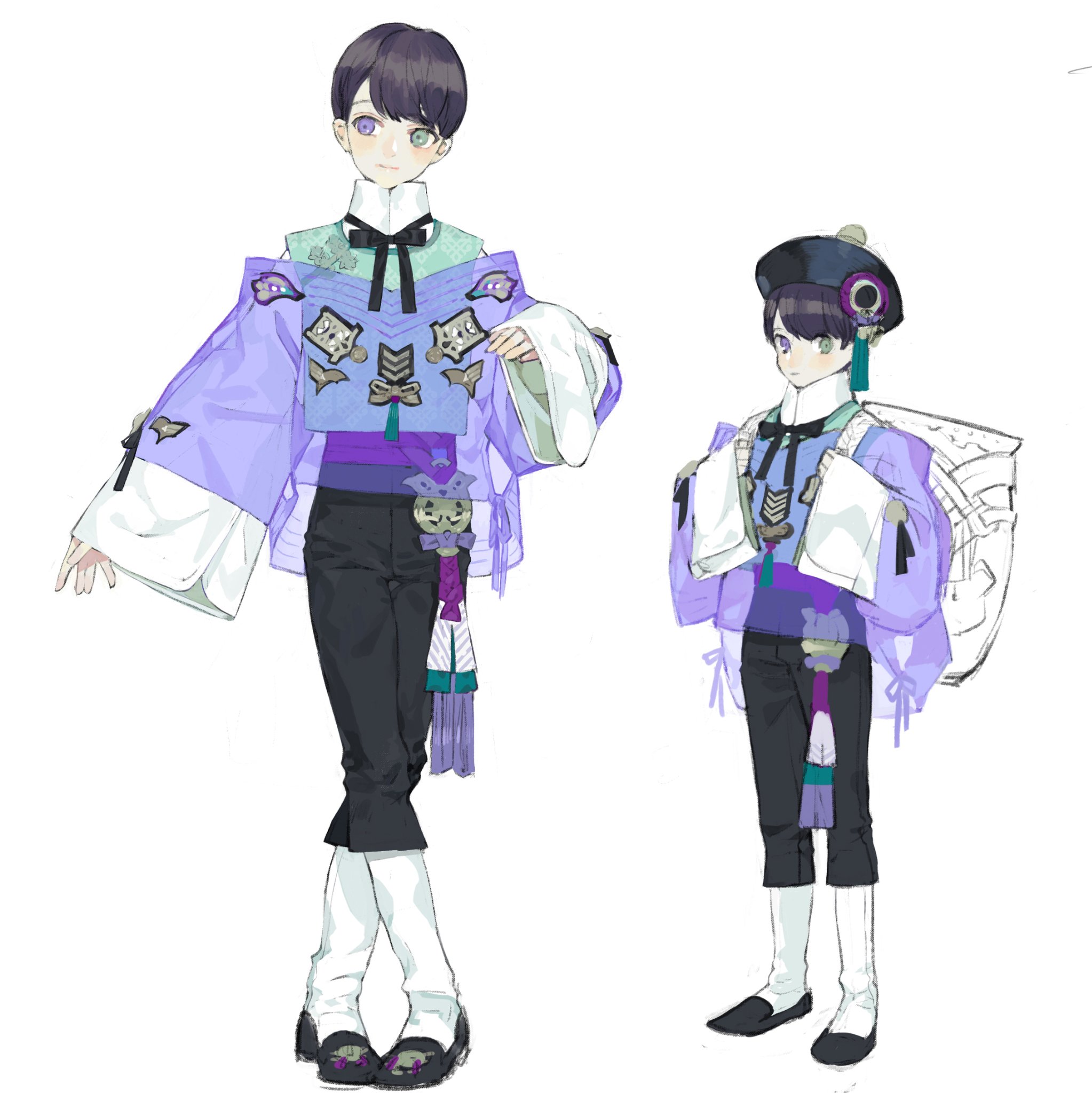 two anime male characters are illustrated in traditional korean clothing known as hanbok. the character on the left is standing with his hands on his hips, wearing a purple hanbok with intricate embroidery, a green belt, a white shirt, and black pants. he is also wearing white socks and black shoes. he has black hair with purple highlights and purple eyes. the character on the right is also wearing a purple hanbok, white shirt, and black pants, but with a more simple design. he is wearing a black hat, and has black hair with green highlights and green eyes. he is holding his hands together in front of his chest.
