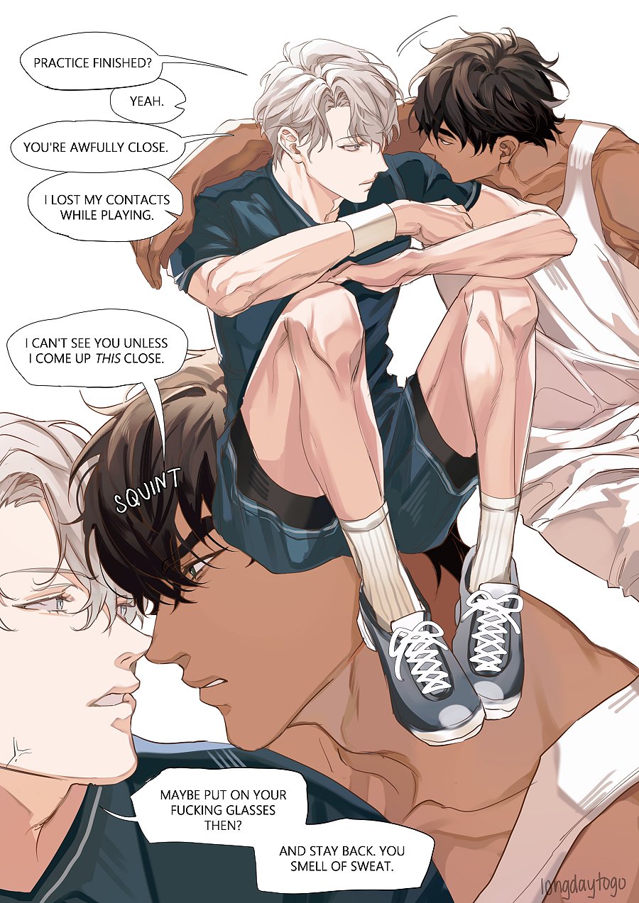 he image is a panel from a manhwa (korean comic) or manga (japanese comic) depicting two young men in a close and intimate embrace. the style is typical of yaoi/bl (boys' love) manga, with a focus on suggestive poses and expressions. the top panel shows a lighterhaired young man who is close to the other, who is darkerhaired, with text bubbles indicating that the lighterhaired one lost their contact lenses during a basketball practice and needs to be that close to see. the bottom part of the image shows a third person from behind, who is partially obscured and serves as a point of view. the tone is playful but also suggestive of deeper feelings.  the art style is smooth, with soft shading and coloring, creating a warm and sensual atmosphere.
