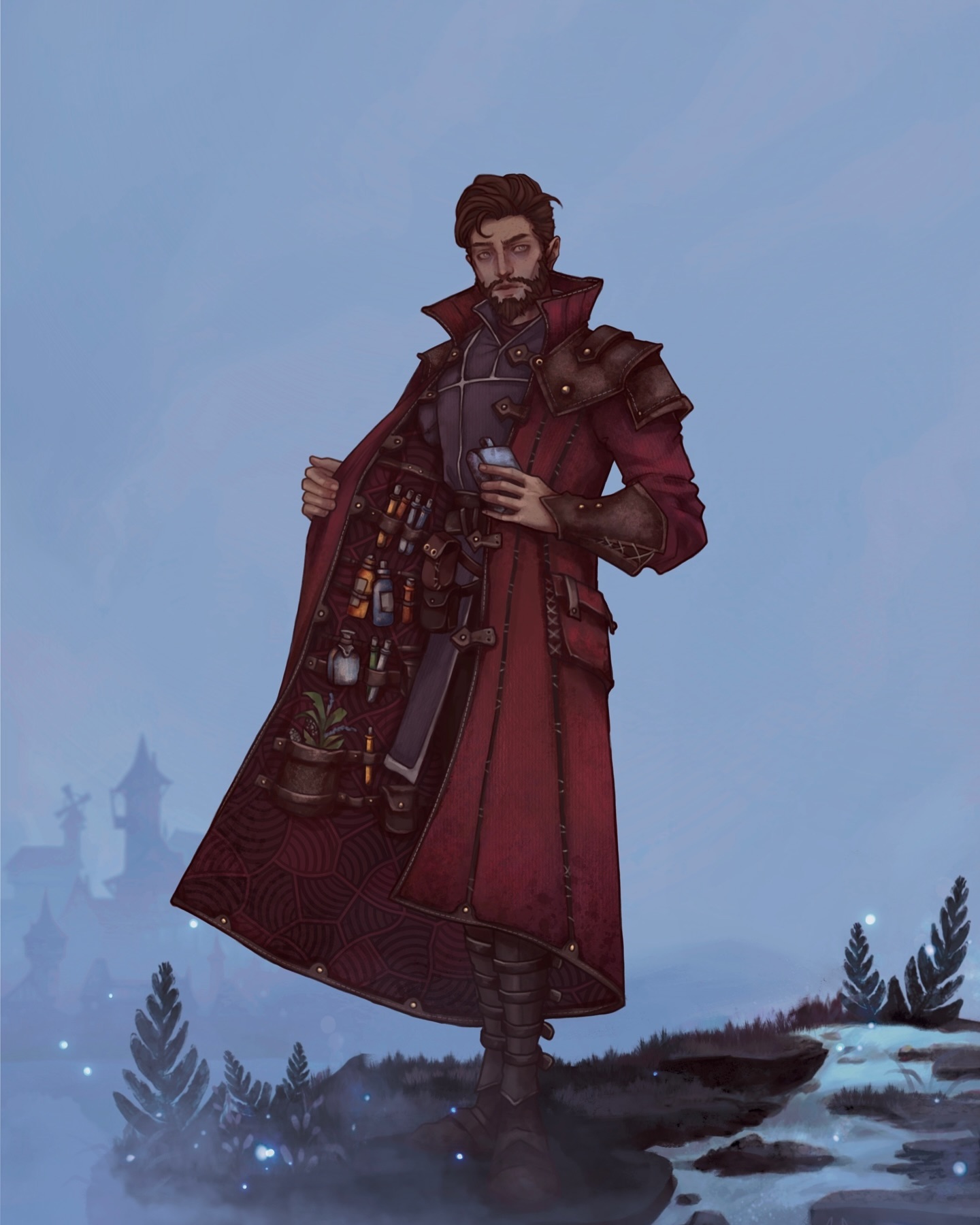 the digital painting depicts a male character, possibly an alchemist or apothecary, standing on a rocky outcrop. he's dressed in a long, intricately detailed red coat, which is open to reveal various vials, potions, tools, and a small plant contained within pockets and pouches sewn into the lining. the man has a serious expression and a wellgroomed beard. his attire suggests a blend of steampunk and medieval influences. the background features a soft, misty landscape with some distant structures, ferns, and glowing particles in the air, creating a moody and atmospheric scene. the overall style is detailed and evocative of fantasy art.