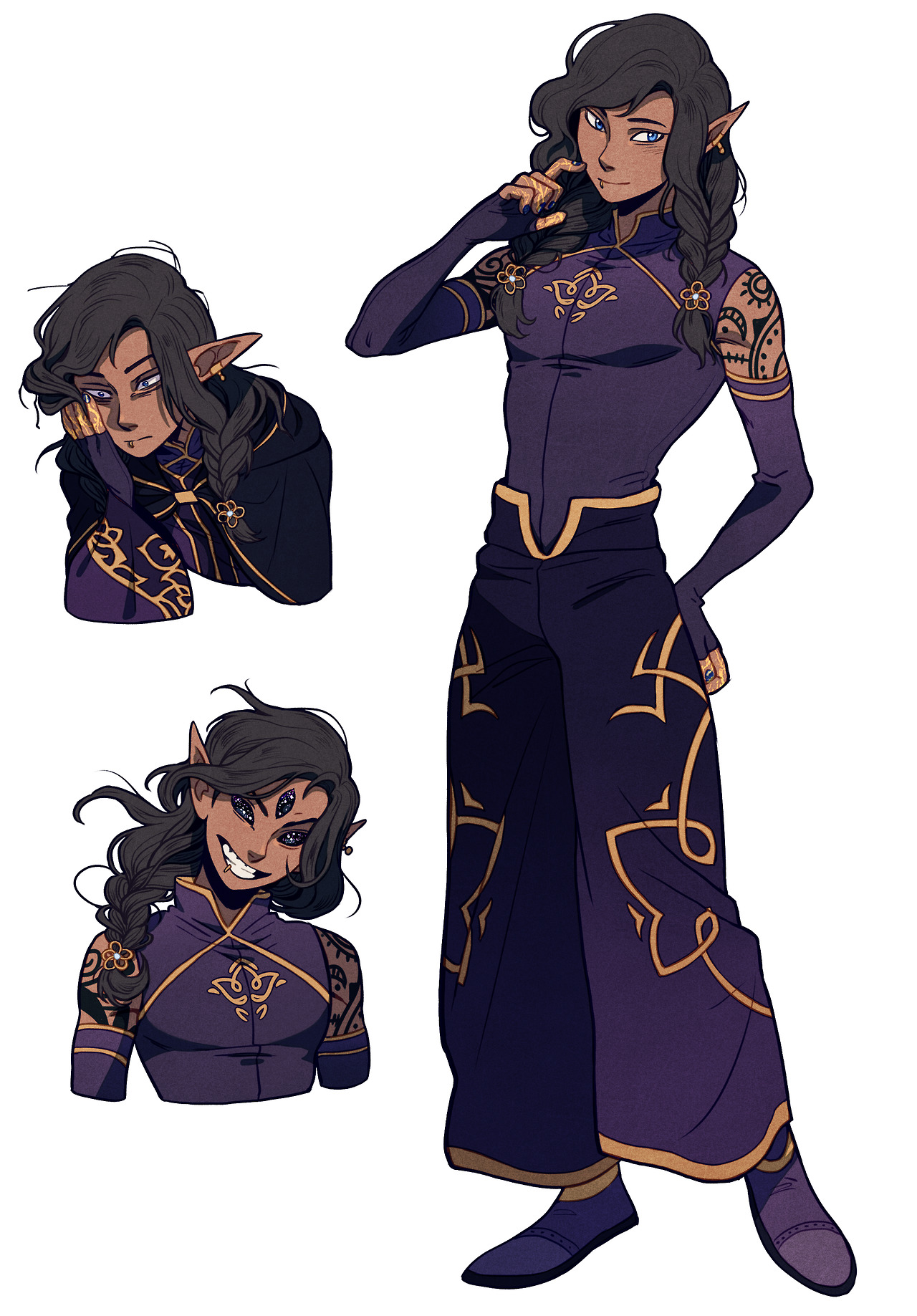 a digital illustration of a dark elf male character in three different poses. he is dressed in a purple and gold outfit and has long black hair in a braid. the first image shows him with a neutral expression. the second image shows him smiling. and the third image shows him with a more sinister, mischievous expression.
