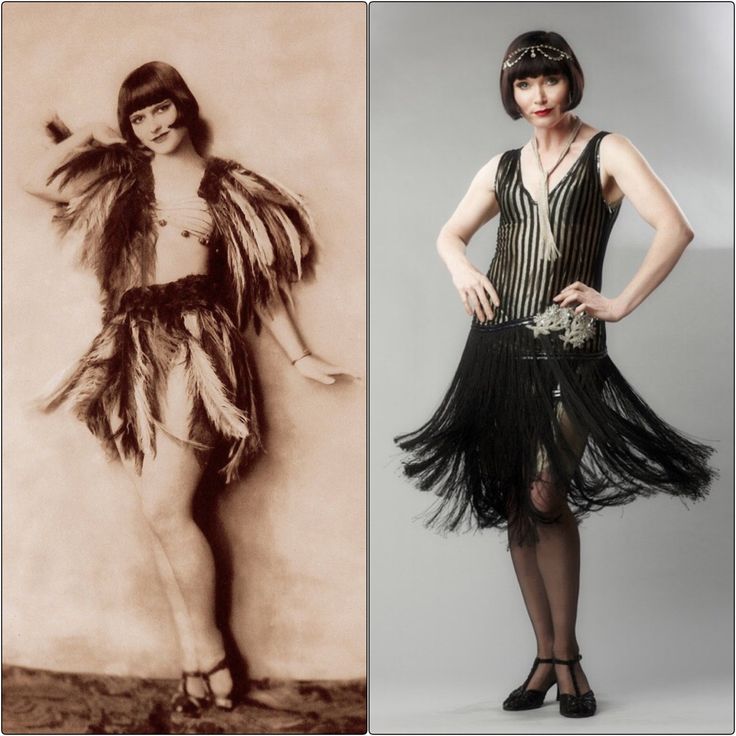 the image showcases two women dressed in 1920s flapper dresses. the woman on the left is a black and white image of a woman with a short bob hairstyle wearing a beaded dress with a feather trim. the woman on the right is a color image of a woman with a short bob and a headband wearing a black beaded dress with fringe trim. both women are exhibiting the style of the flapper, a fashion movement in the 1920s that embraced short hairstyles, loose clothing, and short skirts. they are a great representation of the era and show the evolution of fashion.