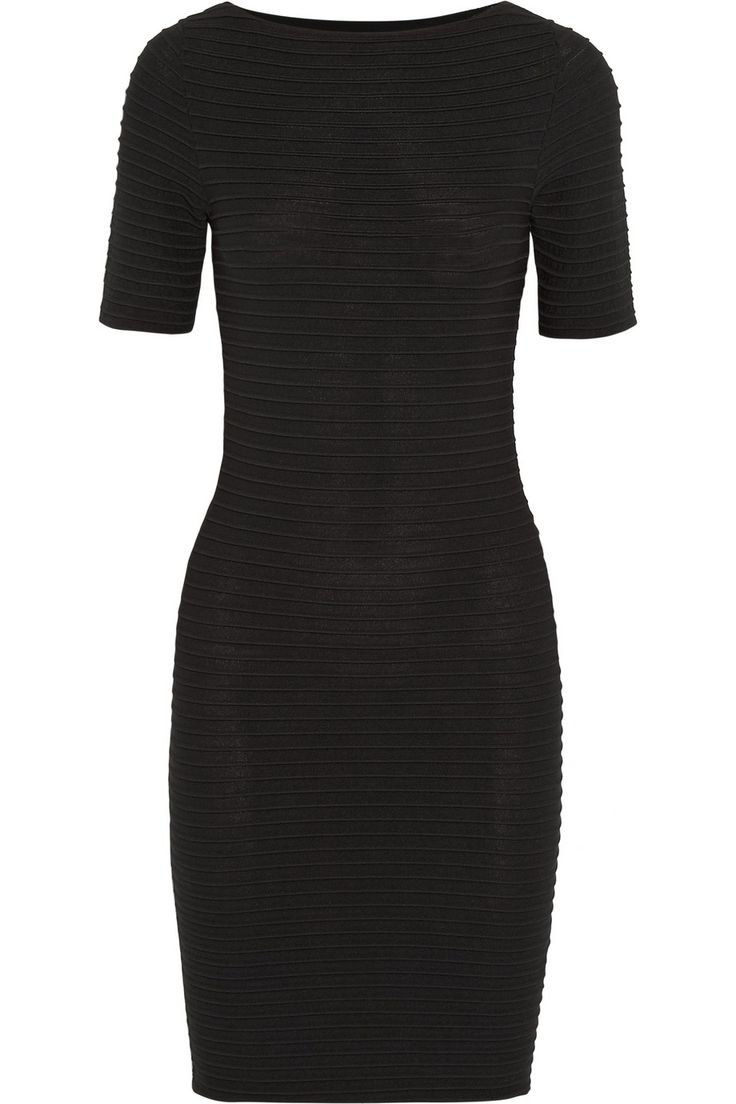 a black ribbed sheath dress with short sleeves and a boat neck. the dress is kneelength and fitted.