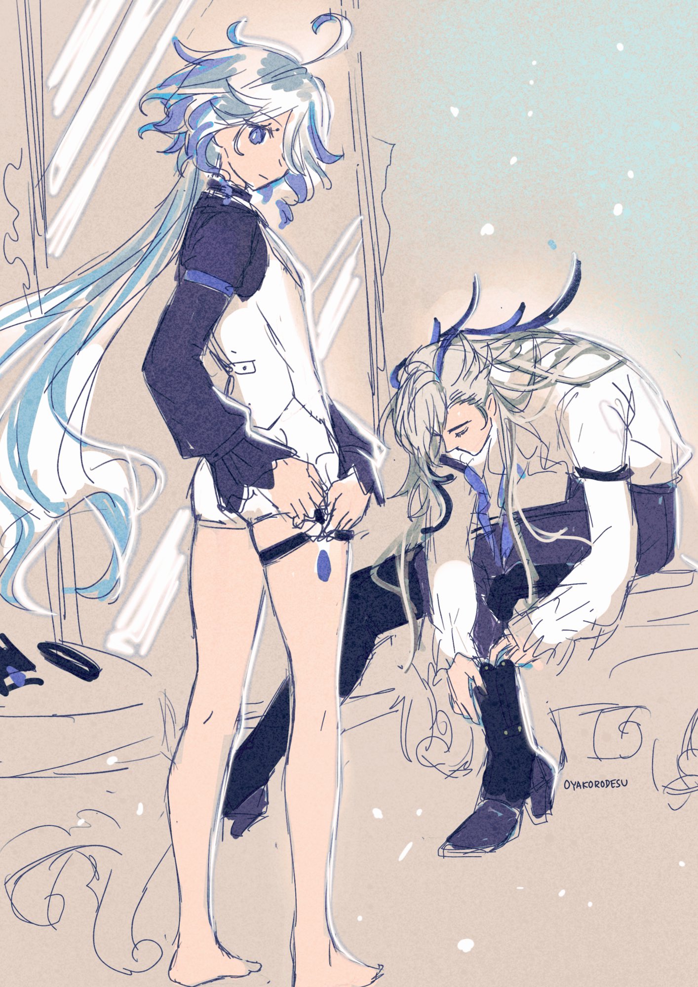 the image is a drawing of two anime characters, a girl with long blue hair and a boy with long white hair. the girl is wearing a white dress and the boy is wearing a white shirt and black pants. they are both smiling and looking at each other. the girl's right hand is on the boy's shoulder and the boy's left hand is on the girl's waist. there is a blue star above their heads. the drawing is done in a light, sketchy style. it is set in a room with a large window behind them. the room is decorated with white curtains and a white rug. the drawing is very cute and romantic.