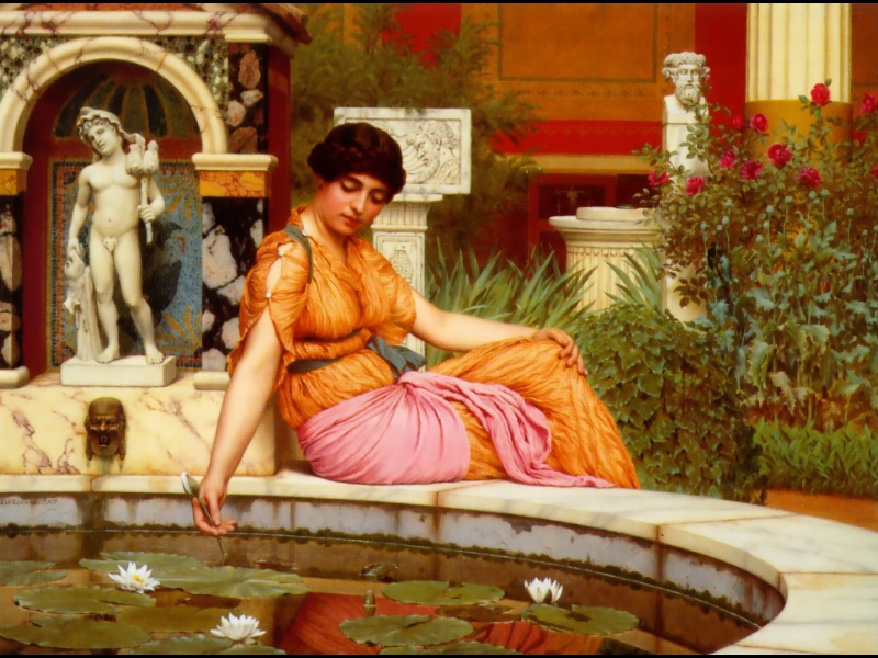 the image is a painting of a woman sitting by a pond in a classical setting. she is wearing an orange dress with a pink wrap, and is touching the water with her hand. the pond is covered in lily pads and water lilies. behind her is a garden with roses and statues. the architecture is roman in style, with marble and classical columns. the overall mood is one of leisure and daydreaming.