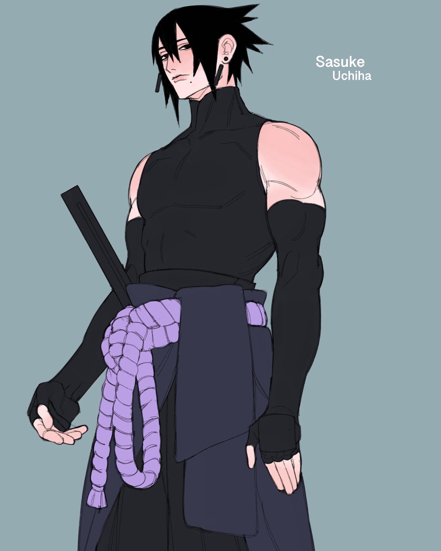 the image is a digital fanart of sasuke uchiha from the anime and manga series naruto. he is depicted in a stylish black outfit with a purple sash and gloves. he carries a sword at his hip and has a serious and somewhat stoic expression.  the art style is clean and polished, with a focus on line art and muted color palettes. the background is a simple, flat light teal color.  the text "sasuke uchiha" is present in the upper right corner. the overall feel is one of cool sophistication.