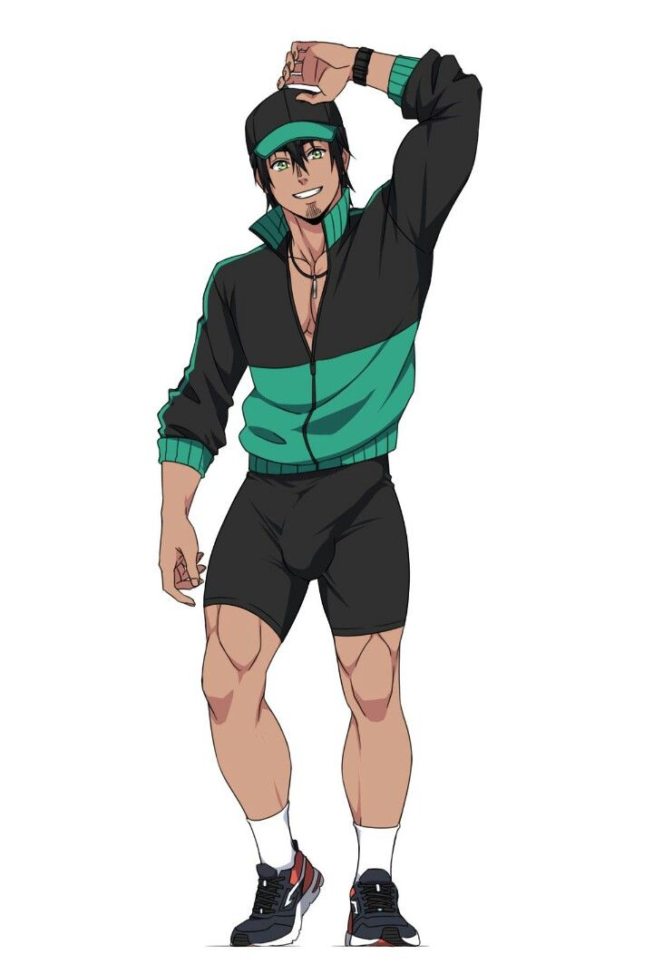 this is an illustration of an anime character, a young man in a black and green tracksuit, with a cap on,  and sneakers, he has brown hair and is smiling while standing.