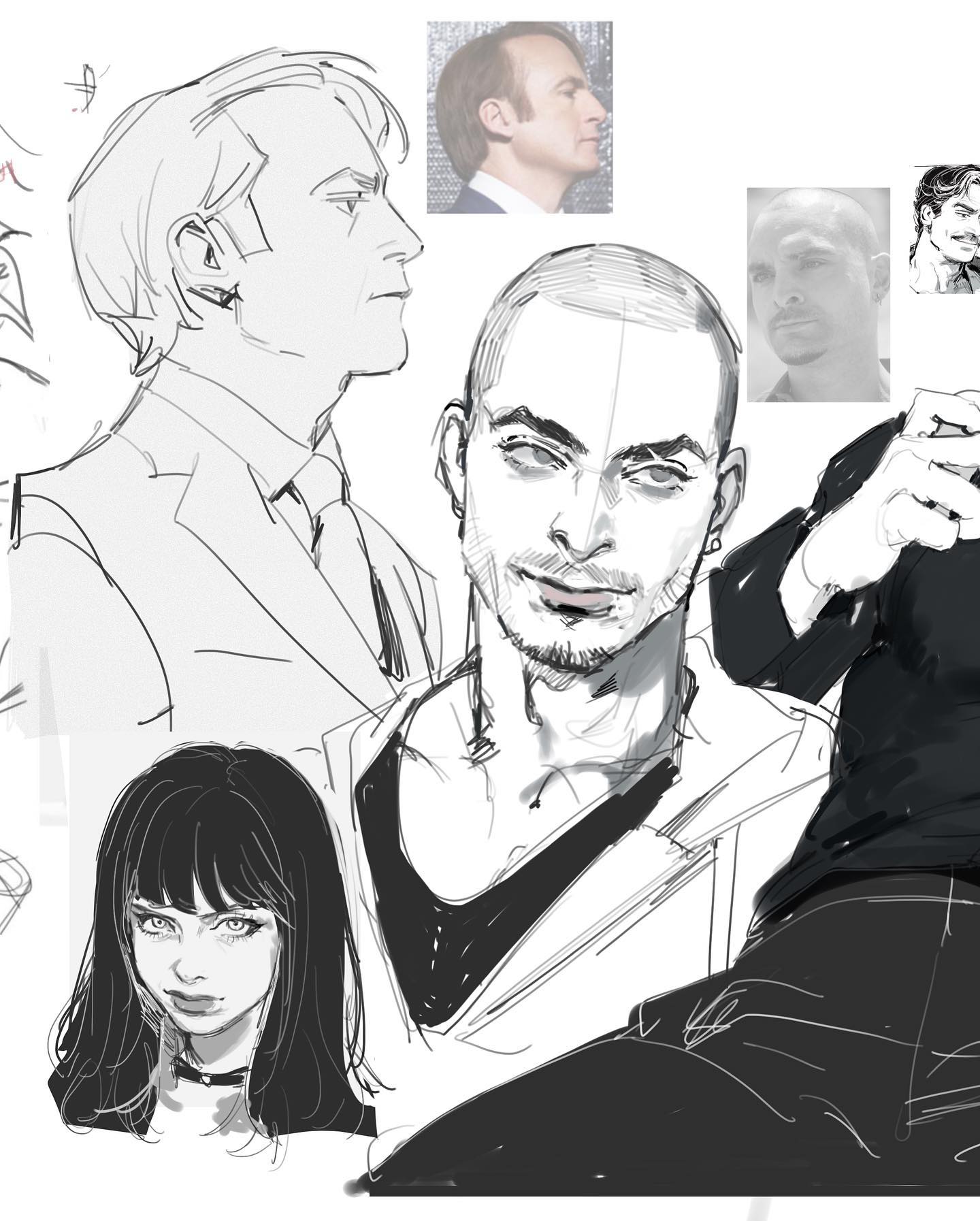 the image is a digital sketch of several characters, likely fanart of the show breaking bad. there are two portraits of men, one in profile and one straight on, as well as a profile of a woman with short dark hair and a choker. there are also two smaller sketches of a man in profile in the upper right corner.  all of the figures are drawn in a loose, sketchy style with some areas more defined than others.