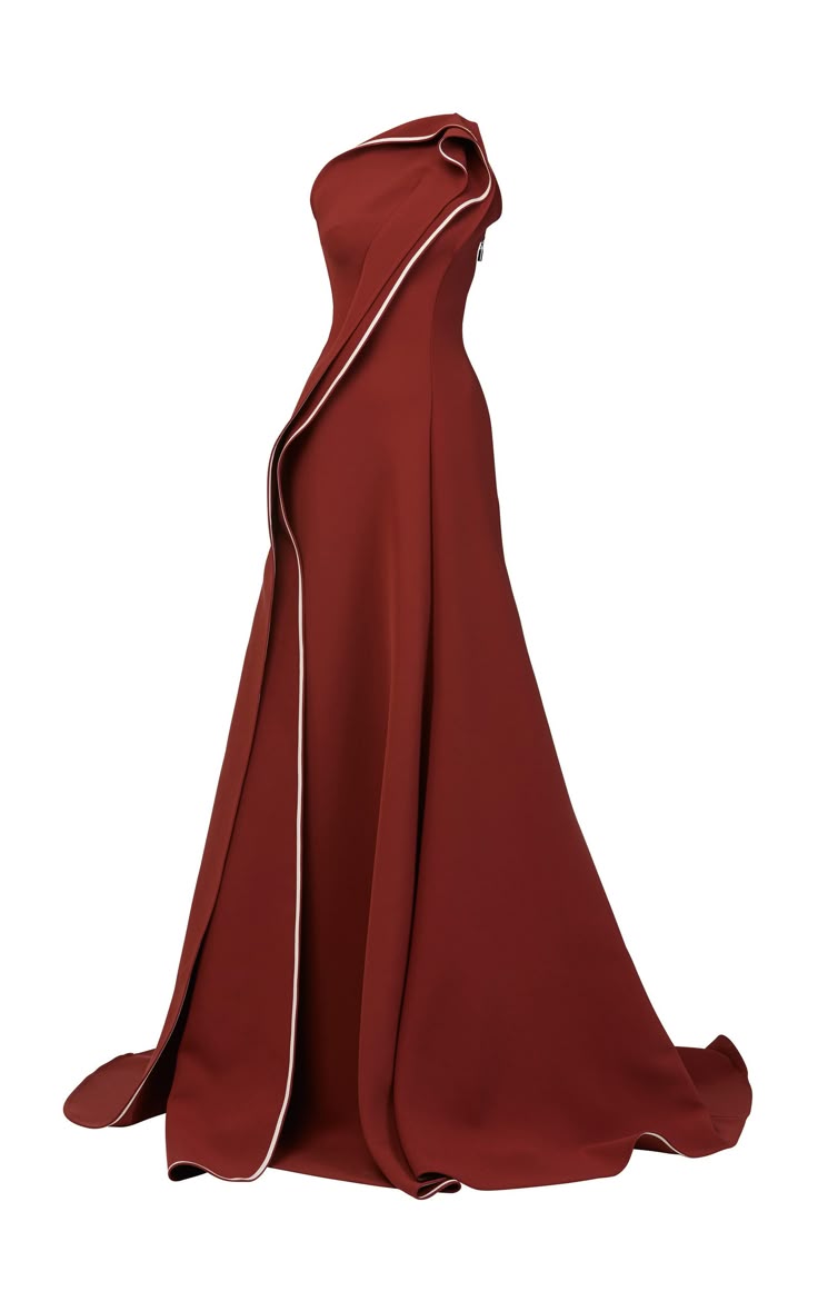 a maroon oneshoulder gown with white trim is displayed on a white background. the dress has a fitted bodice and a flowing skirt. the white trim outlines the neckline and the edge of the skirt.