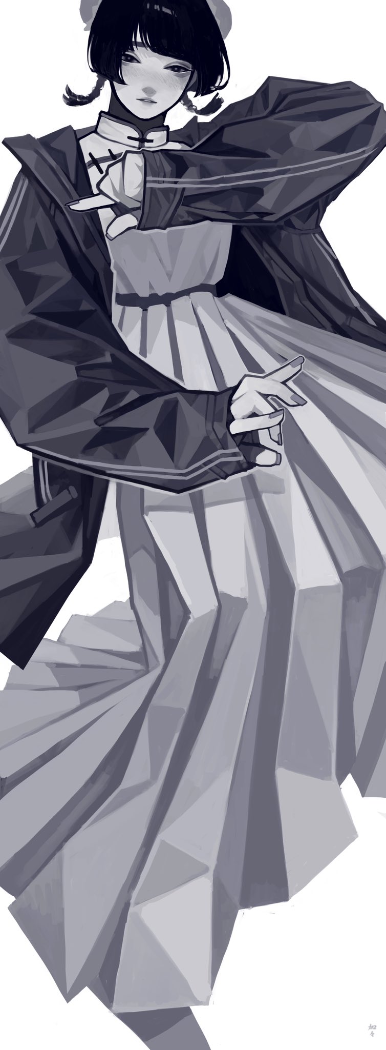 the image showcases a stylized monochrome illustration of a young woman. she is elegantly dressed in a pleated, flowing dress layered over a dark, oversized jacket, creating a striking contrast in texture and form. the style leans towards abstract with geometric shaping in both the dress and jacket, adding a modern edge to her appearance.  the woman’s pose and facial expression suggest both poise and a hint of mystery.  the overall effect is one of sophisticated and contemporary fashion illustration with an emphasis on linework and shading.