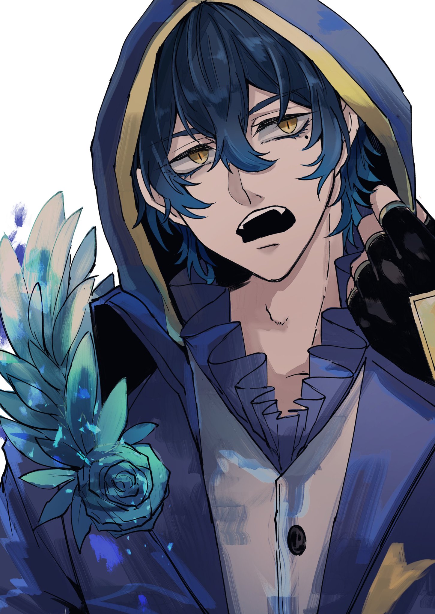a detailed digital illustration of a male anime character. he has blue hair with a yellow stripe in it, and he is wearing a dark blue coat with a hood. the coat is lined with gold and has a single large, blue rose pinned to the chest. the character is looking to the right with a focused expression. the character has sharp fangs, and his eyes are large and yellow with dark outlines.