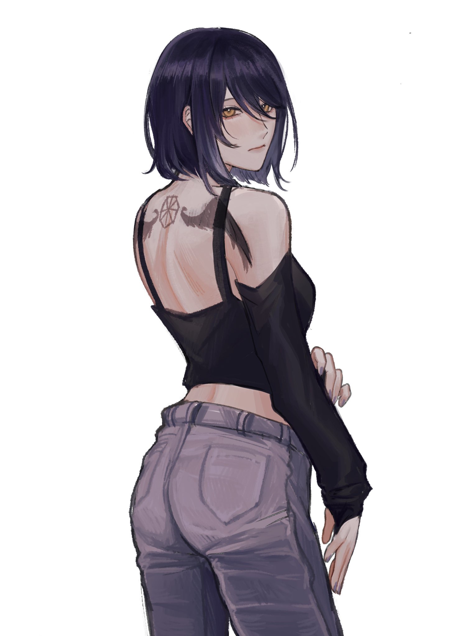 this is a digital illustration of an anime girl.  she has black hair, black crop top, and jeans with a tattoo of wings and a geometric shape on her back.  she is looking over her shoulder. the background is white.