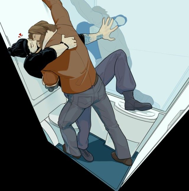 two men are embracing and kissing in an airplane lavatory. one man has brown hair, a beard, a brown jacket, and gray pants. the other man has black hair and a black shirt. a reflection of the brownhaired man is visible on the lavatory wall, with handcuffs seemingly floating in the air. the man in the reflection has a tattoo on his arm. the brownhaired man is also standing on the toilet seat.