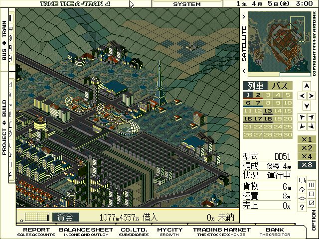 the image shows a screenshot from the video game "take the atrain 4". it features a city with trains, buses, and buildings, a satellite view, various menu options related to transportation management, finance, and statistics. the interface includes japanese text. the copyright notice indicates the game was created by artdink in 1994.
