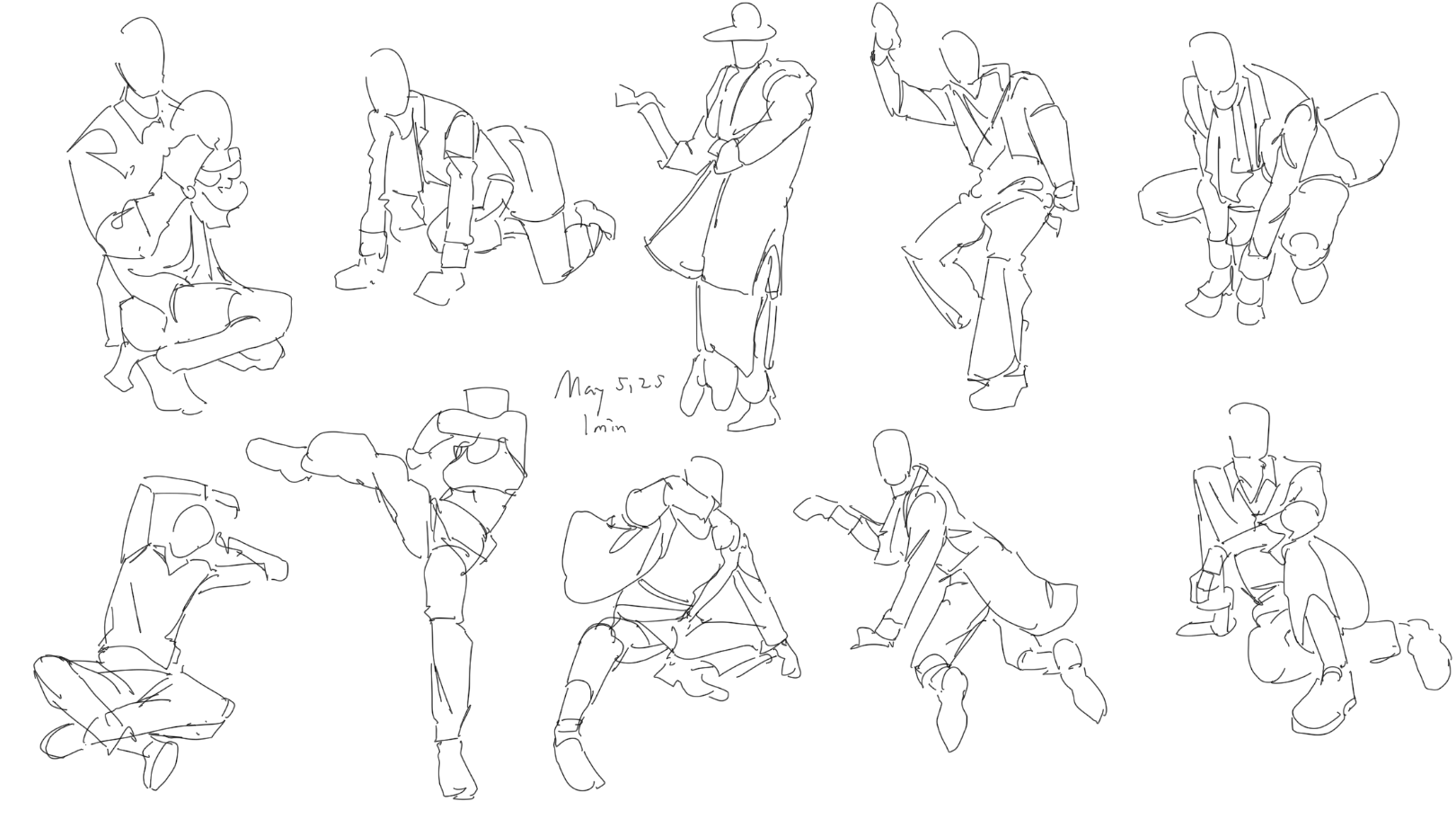 a collection of ten figure drawing sketches in line art, depicting various poses including standing, squatting, and seated figures. some figures are shown in action poses, like kicking and reaching. the sketches include a note that reads "may 5, 23, 1min."