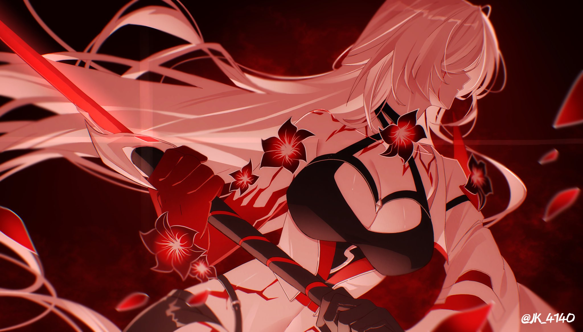 the image is a dynamic drawing of a female anime character in the midst of battle. she has long, flowing white hair and is dressed in a revealing black and red outfit accented with stylized red flowers.  she is wielding a red katana with glowing accents, her expression intense and focused. the background is a swirling abstract pattern of red and black, emphasizing the energy and power of the scene. the lighting is dramatic, creating deep shadows and highlights that accentuate her features and the movement of her hair. the overall impression is one of power, beauty, and ferocity.
