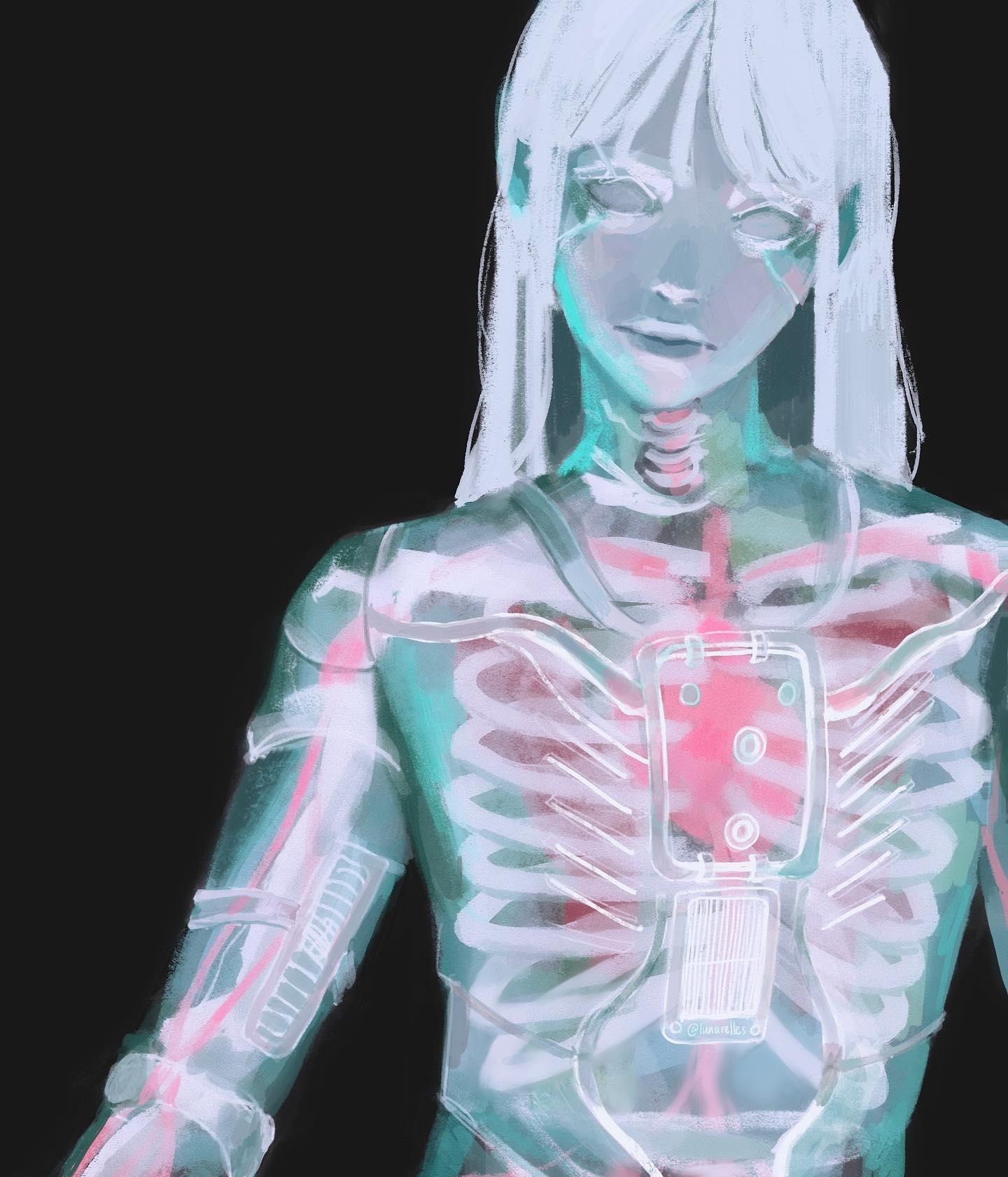 he image is a digital painting of a woman who appears to be a cyborg or android.  her body is translucent, revealing a skeletal structure and internal mechanical components. the style is ethereal and futuristic, using a blend of soft and sharp lines and pastel colours like pale blues, pinks, and whites. the background is dark, providing a strong contrast that highlights the figure. the overall effect is otherworldly and blends the human form with technology in a visually striking manner.
