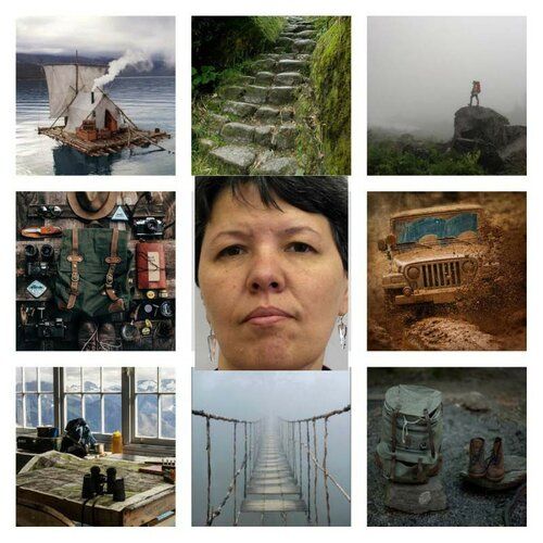 this collage is a visual representation of adventure and exploration. it features images of a woman's portrait, a wooden cabin on a lake, a stone staircase in a forest, a jeep driving through mud, a foggy bridge, a hiker in a foggy landscape, a collection of camping gear and a wooden table with binoculars. the images are unified by a common theme of nature, adventure, and the journey. the woman's serious expression suggests a focus on the task at hand.  the fog adds an element of mystery and suspense to the adventure, while the lush green foliage highlights the beauty of the natural world. the various items suggest a sense of preparation and readiness for whatever challenges lie ahead. the overall feeling of the collage is one of anticipation and excitement for the adventure that awaits.